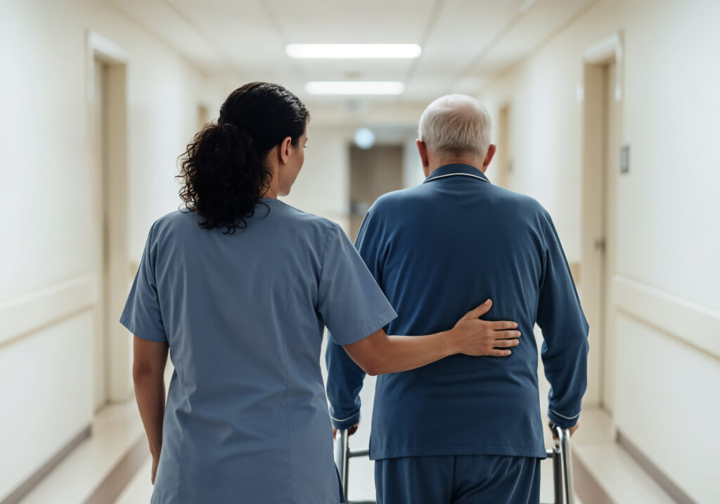 Healthcare Worker Assisting Elderly Man Walking - PV Assessoria Contábil | Contabilidade no Rio de Janeiro